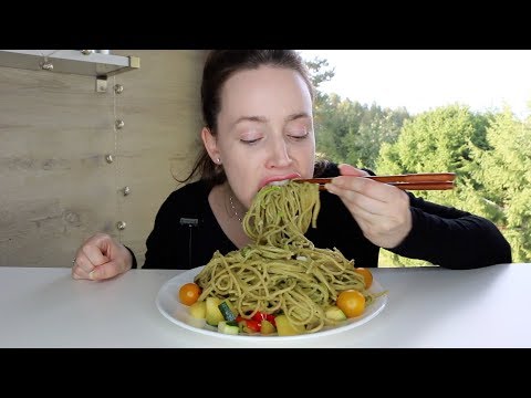 ASMR Whisper EATING SOUNDS | Pesto Pasta Vegetable Wok | Mukbang 먹방