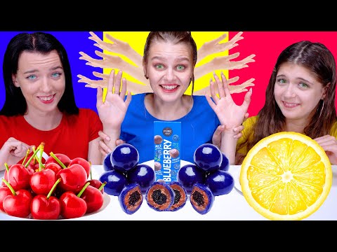 ASMR Eating Only One Color Food Red, Blue and Yellow Candy Party By LiLiBu