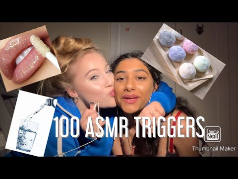 ASMR 100 triggers!(My friend tries asmr, lipgloss triggers, eating, water sounds..)