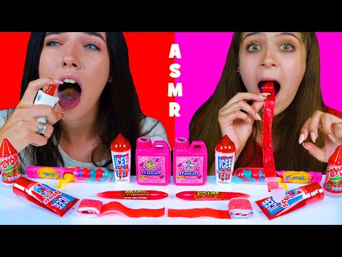 ASMR PINK AND RED SOUR CANDY, GUMMY CANDY RACE, BUBBLE GUM POWDER | EATING SOUNDS LILIBU
