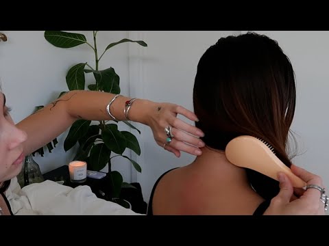 ASMR ultimate hair brushing, hair parting, scalp scratch and back scratch tingles on Angela
