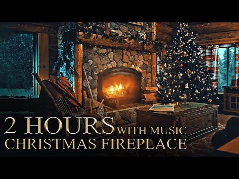 Forest Cabin Fireplace 🎄 Christmas Ambience ASMR with Music - Snowfall, Muffled Wind, Crackling Fire