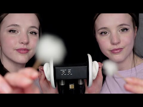 [ASMR] Twins with bamboo fluffs... Ear cleaning and visual triggers [CHARITY VIDEO]