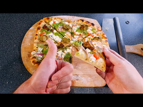 This GREEK PIZZA with Falafel and double sauce is AMAZING! * asmr cooking *