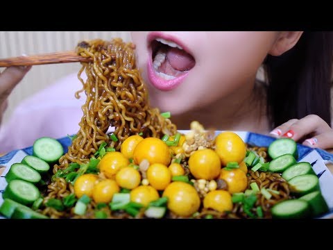ASMR Black Bean Noodles (Jajangmyeon) with chicken baby eggs , SOFT CHEWY EATING SOUNDS | LINH-ASMR