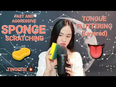 ASMR Fast and Aggressive Sponge Scratching on Mic with Tongue Fluttering (Layered) 🧽👅💥