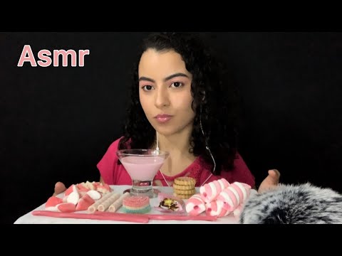 ASMR PINK DESSERTS/ COMENDO DOCES ROSAS (marshmallow, tubetes, fini…)