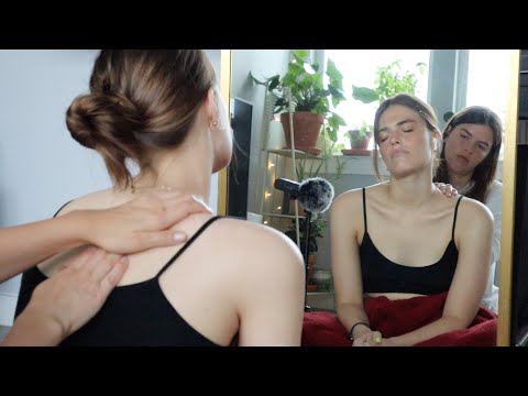 ASMR rainy day back scratch massage & hair play on Katie - soft whispers 1hr long tingles/relaxation