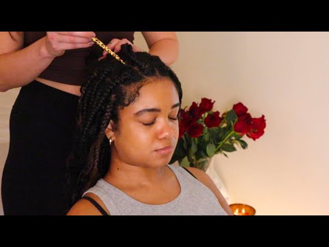 ASMR scratching between braids and tingly light touches on Alex (whisper, real person)