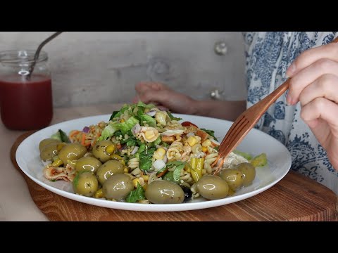 ASMR Whisper Eating Sounds | Pasta Salad & Delicious Olives With Chili Tapas