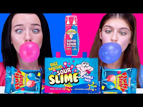 ASMR *Blue & Pink Food* Cotton Candy Race, Bubble Gum Powder, Sour Spray MUKBANG 먹방