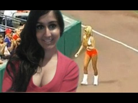 Hooters Ballgirl Picks Up Live Baseball And Tosses it To Crowd - Commentary