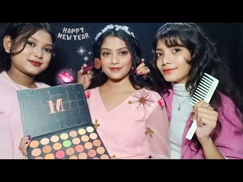 ASMR My Two Sister Doing My Hairstyle And New year Party Makeup (prt- 2) 💄👧