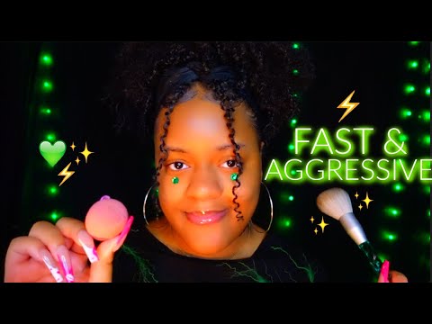 asmr ✨doing your makeup fast & aggressively in two minutes ⚡💚✨ (mouth sounds, tingly triggers) 😴