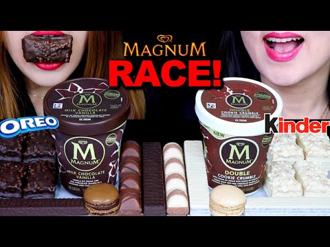 ASMR RACE! MILK + WHITE CHOCOLATE MAGNUM ICE CREAM PINTS, KINDER BUENO, MACARON, OREO CHOCO WAFERS먹방