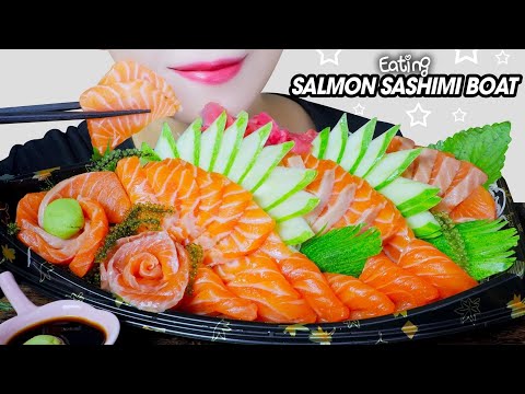 ASMR EATING SALMON SASHIMI BOAT (RAW SALMON) SOFT CHEWY EATING SOUND | LINH-ASMR