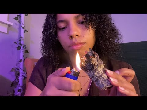 ASMR | Relaxing close up Asmr  { sage+ feather cleanse, hand movements, & face brushing}