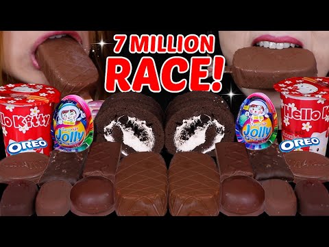 ASMR 7 MILLION DESSERT RACE! OREO CAKE, JOLLY SURPRISE EGG, HELLO KITTY DIP, TICO ICE CREAM, MILKA