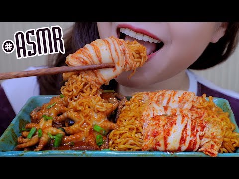 ASMR KIMCHI WRAPPED CURRY FIRE NOODLES&+SPICY STIR-FRIED OCTOPUS ,CRUNCHY EATING SOUND | LINH-ASMR