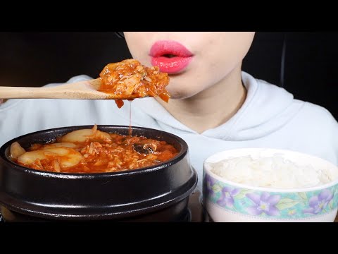 ASMR Tuna Kimchi Jjigae with Rice Cakes and Rice | Korean Stew | Eating Sounds Mukbang