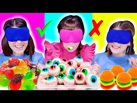 ASMR Candy Race with Closed Eyes (Gummy Eyeballs,  Wax Straws, Jelly, Marshmallow)