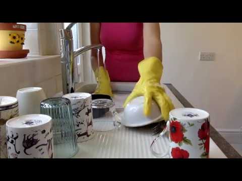 ASMR Mummy Washes the Dishes in Yellow Rubber Gloves (front view)
