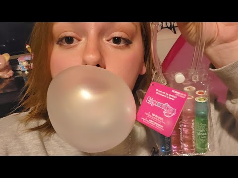 ASMR- Lipgloss Application and Gum Chewing- Blowing Bubbles- Mouth Sounds- Upclose and Lofi