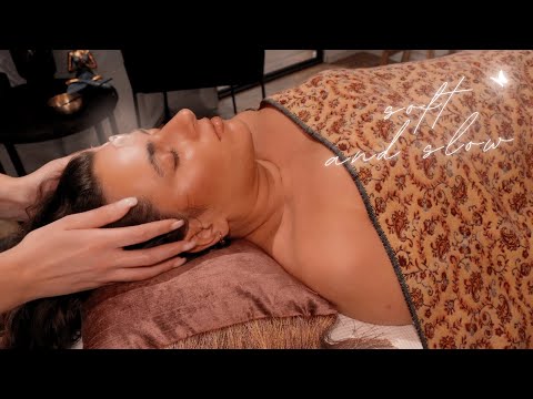 ASMR whispered 😴 soft touch massage (slow face tracing, hair pulling, crystal, oil) w/music