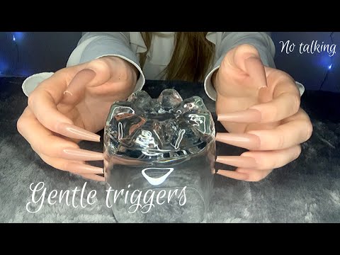 ASMR- Gentle triggers for relaxation (no talking version) tapping, scratching, crinkles *long nails*