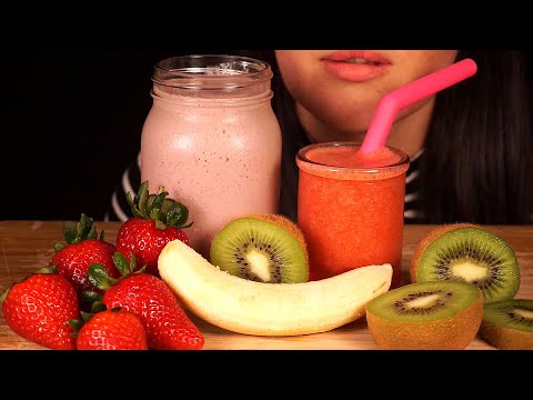 ASMR Strawberry Kiwi Smoothie, Slushie & Fresh Fruit (No Talking)