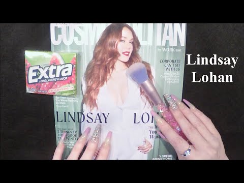 ASMR Gum Chewing Magazine Flip Through | Lindsay Lohan | Whispered, Page Turning, Binaural Mics