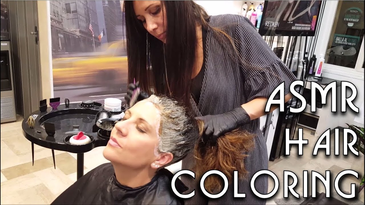 ✂️ Relaxing Hair Coloring at Salon - ASMR no talking - Dying Roots and little Massage