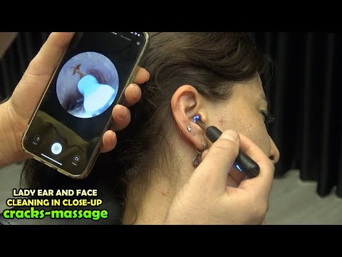 LADY EAR AND FACE CLEANING IN CLOSE-UP + CRACKS + Asmr head,face,ear,leg,hip,chest,arm,back massage