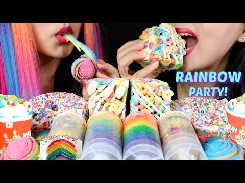 ASMR RAINBOW PARTY (CAKE PUSH POPS, CEREAL TREAT DONUTS, ICE CREAM) 리얼사운드 먹방 | Kim&Liz ASMR