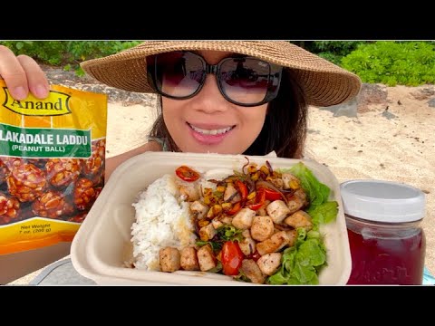 Mukbang Marlin🐟 & Veggies w/ House Sauce at the Beach Three Table 하와이 노스쇼어 비치 먹방 |CURIE.ASMR