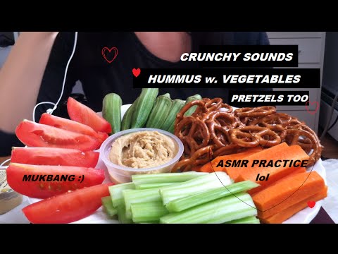 CRUNCHY EATING SOUNDS ASMR Hummus w. Pretzels & Veggies :)