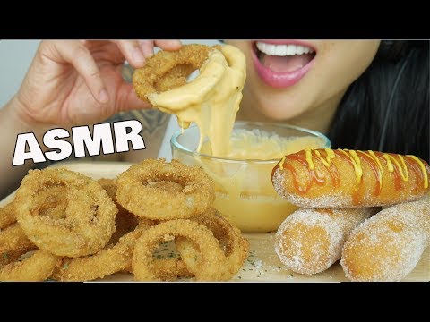 ASMR ONION RINGS & CORNDOGS with CHEESE SAUCE (EXTREME CRUNCHY EATING SOUNDS) NO TALKING | SAS-ASMR