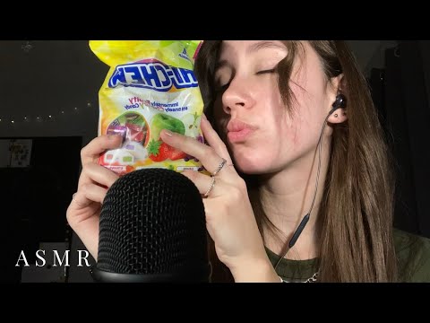 ASMR eating hi-chew at 100% sensitivity (chewing, wet mouth sounds, crinkling)￼