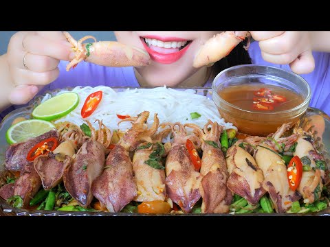 ASMR EGGS SQUID IN SPICY THAILLAND SAUCE X TOMYUM SODA WATER , EATING SOUNDS | LINH-ASMR