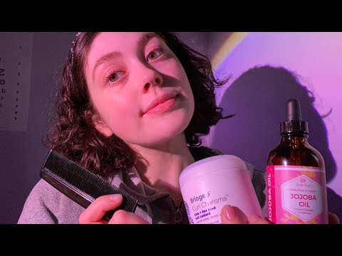 ASMR hair playing, brushing, and styling with scalp massage and asking you personal questions (pa)