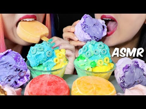 ASMR RAINBOW ICE CREAM PARTY (COTTON CANDY BURRITO, ICE CREAM BARS, SUNDAE) 아이스크림 먹방 | Kim&Liz ASMR