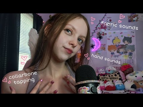 ASMR body triggers 🤍☁️ (collarbone tapping, hand & fabric sounds, skin sounds + a bit of whispering)