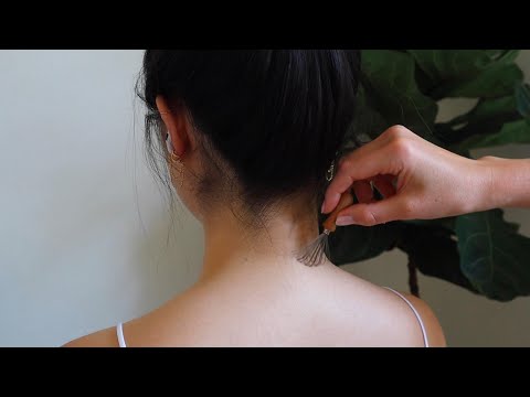 ASMR baby hairs, neck and shoulders micro-attention on Karen + OSEA (whisper)