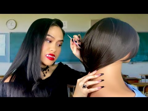 ASMR Vampire Girl Plays With Your Hair (Plucking + Neck & Scalp Massage) In Class | Gum Chewing RP