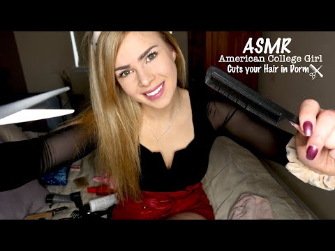 ASMR AMERICAN COLLEGE GIRL CUTS YOUR HAIR (In Dorm Room)