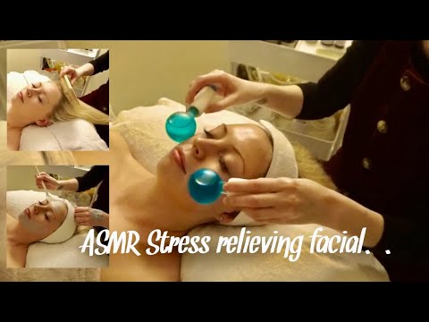 ASMR Stress relieving facial with Ice Globes, hair brushing & scalp massage! (soft spoken)