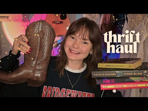 ASMR thrift haul!! 💜 (whispers, tapping, lid sounds, fabric sounds, leather, good vibes)