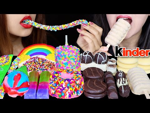 ASMR RAINBOW VS BLACK & WHITE DESSERTS (GIANT SPRINKLE MARSHMALLOW POP, KINDER BUENO, ROCKET POPS 먹방