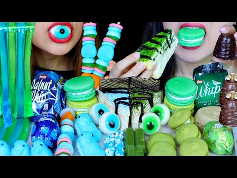 ASMR BLUE CREPE CAKE, MILKA OREO EGG, MACARON, GUMMY EYEBALLS, KITKAT, JELLY NOODLES, NERDS ROPE 먹방