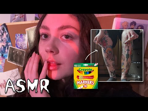 ASMR | Colouring in my tattoos with tracing, skin sounds, and mouth sounds ( real person asmr + )